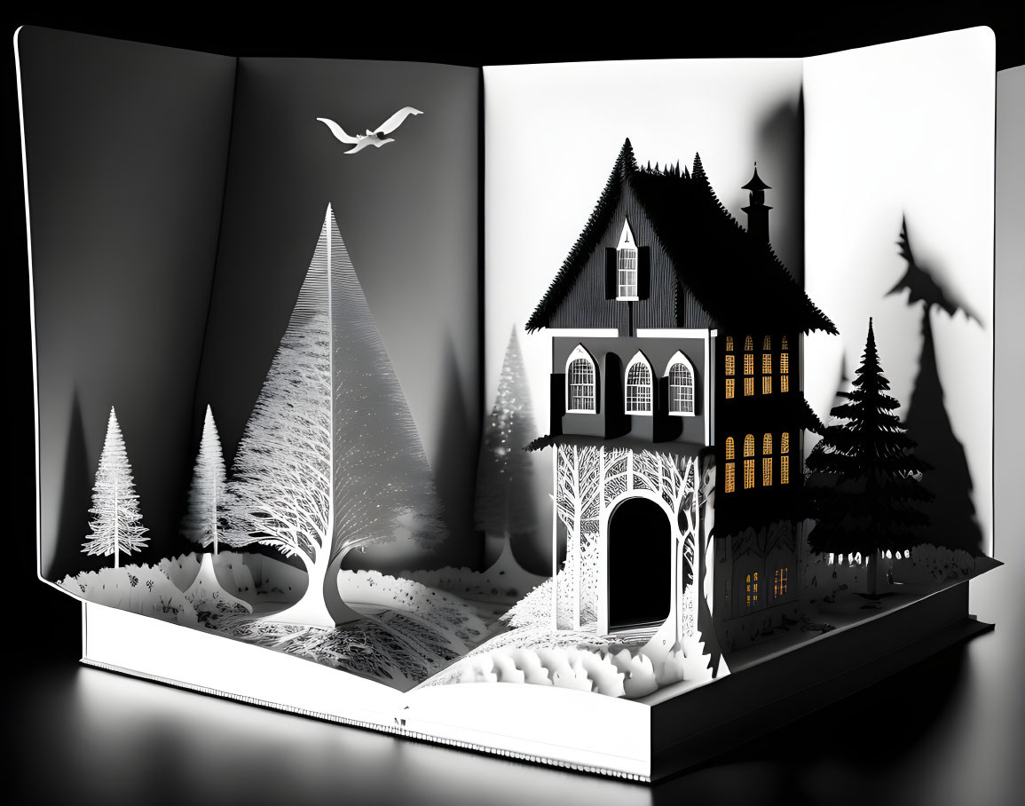 Intricate Winter House Pop-Up Book with 3D Scene