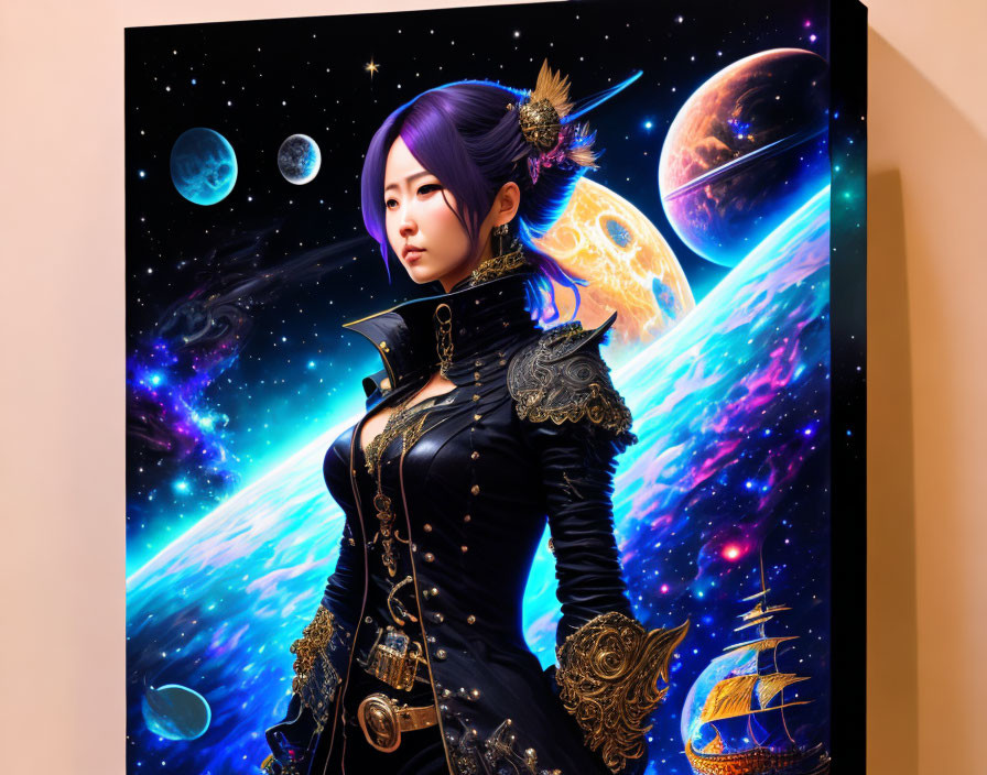 Woman with Purple Hair in Black-Gold Military Attire Against Cosmic Background