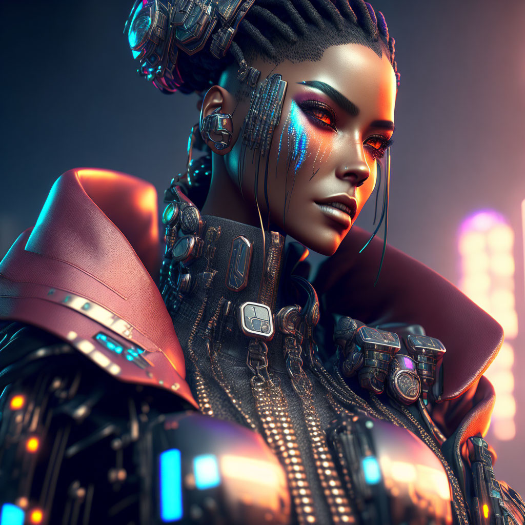 Futuristic cyberpunk female with advanced robotic augmentations