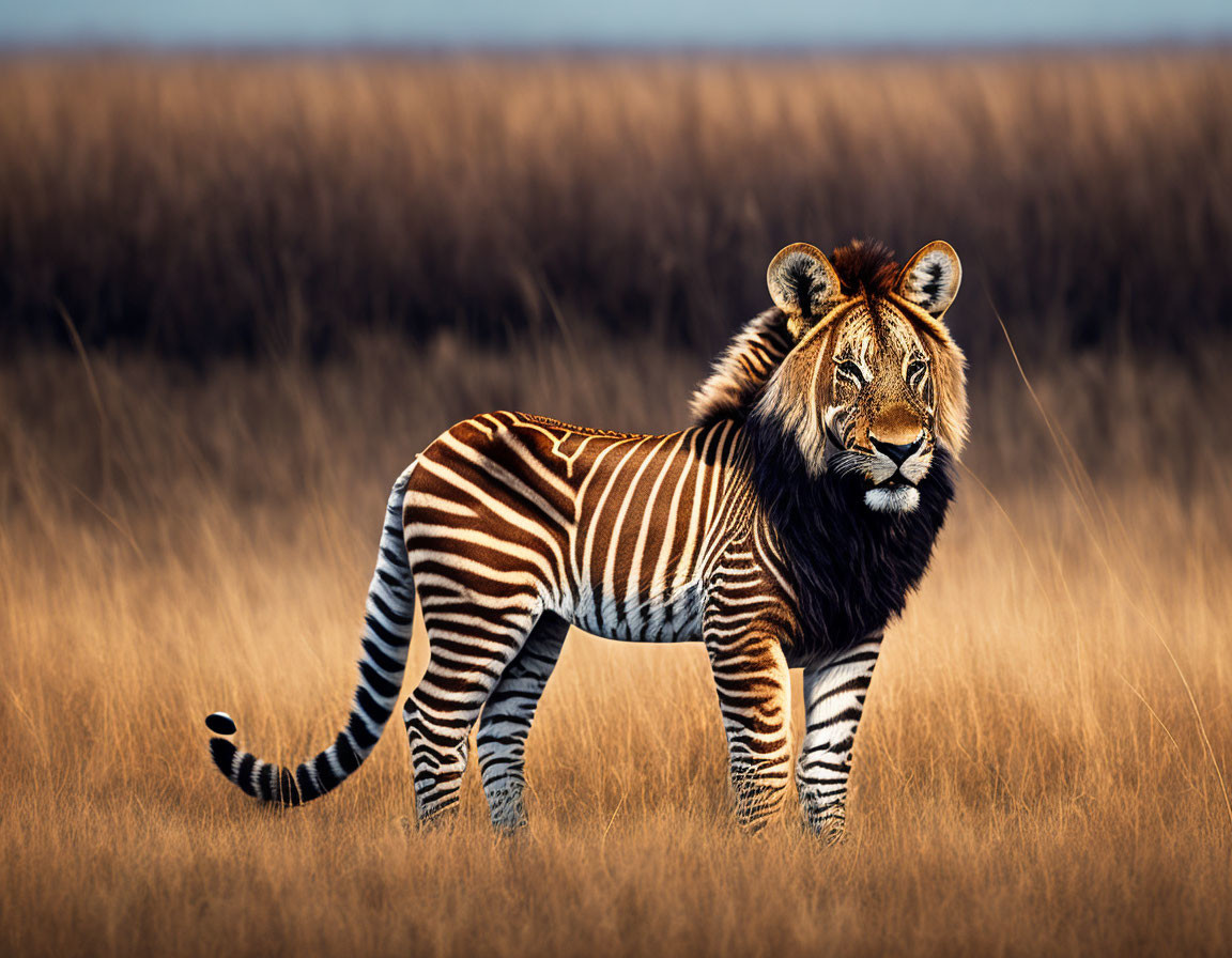 Surreal digital art of tiger-zebra hybrid in grassland