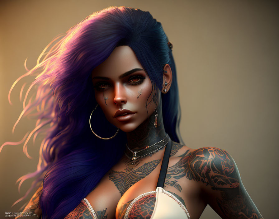 Vibrant blue and purple hair, tattoos, piercings, and dramatic makeup on woman