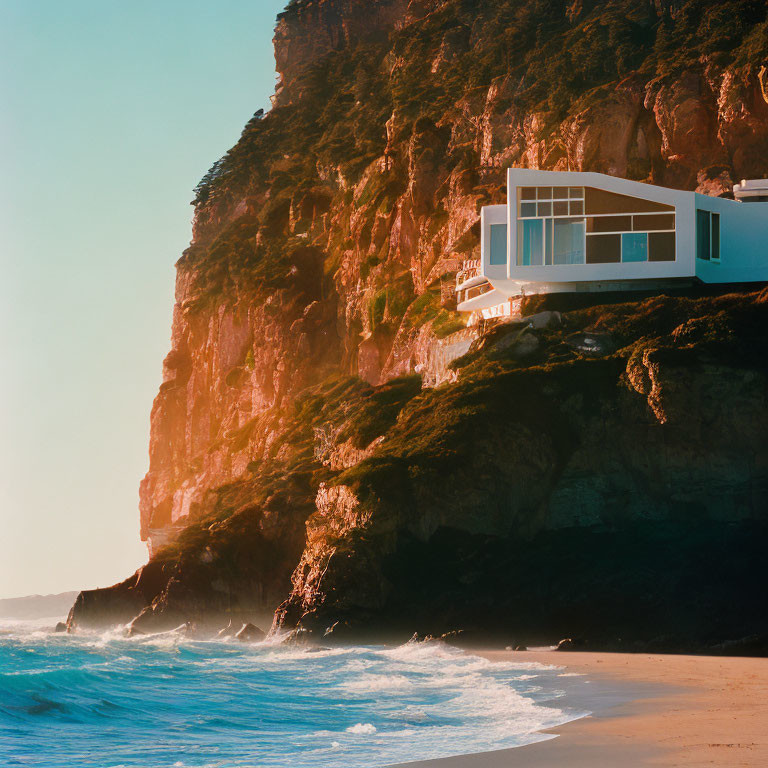 Modern House on Steep Cliff Overlooking Beach at Sunrise