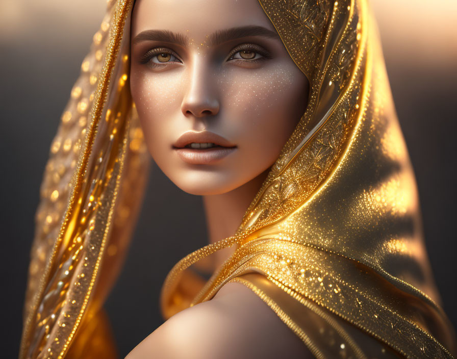 Striking-eyed woman in golden shimmering veil flaunts elegant features