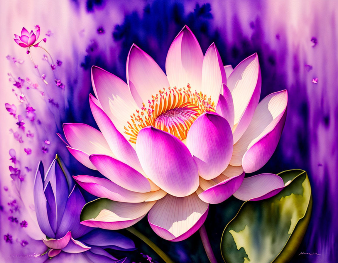 Vibrant digital artwork: Pink lotus flower with yellow center on purple background.