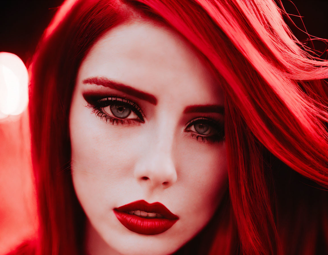 Vibrant red hair woman with bold makeup and red backdrop