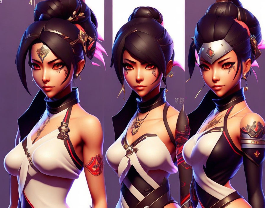 Stylized female warrior poses with dark hair and tattoos in white and black outfit