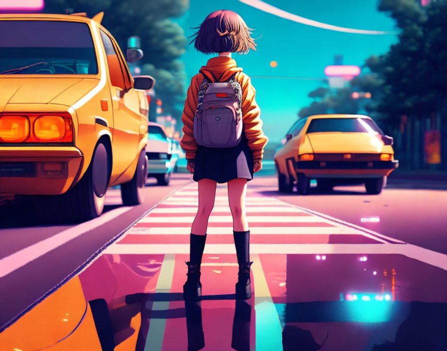 Digital artwork: Young person at vibrant crosswalk with colorful cars