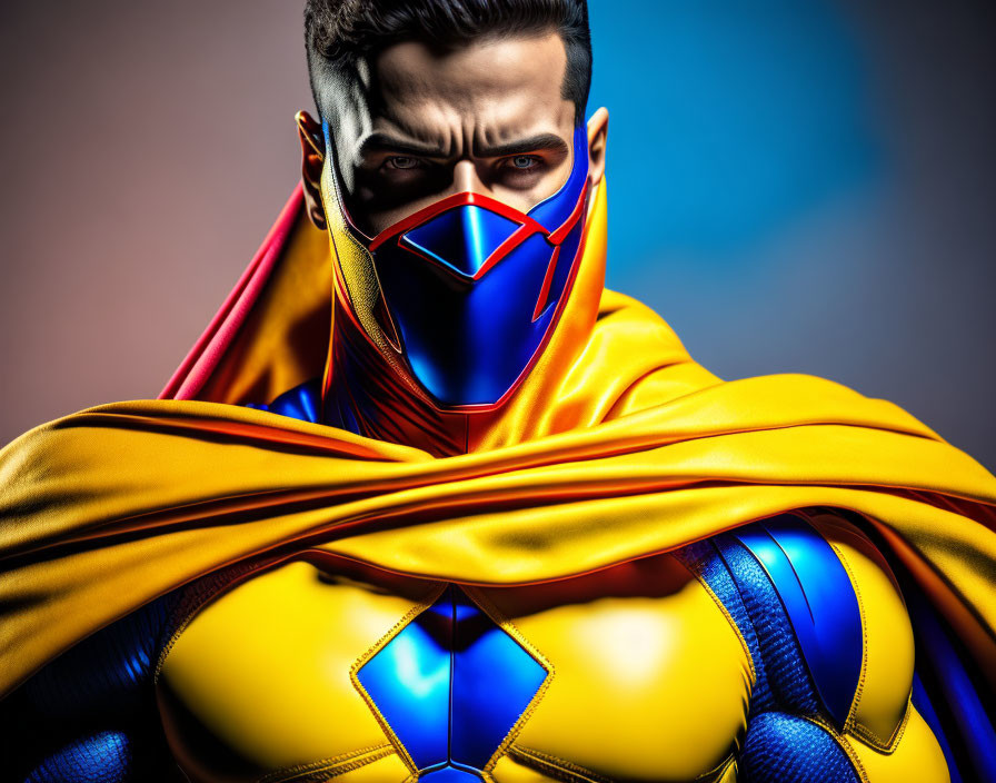 Heroic Figure in Blue and Yellow Suit with Red Cape and Mask on Gradient Background