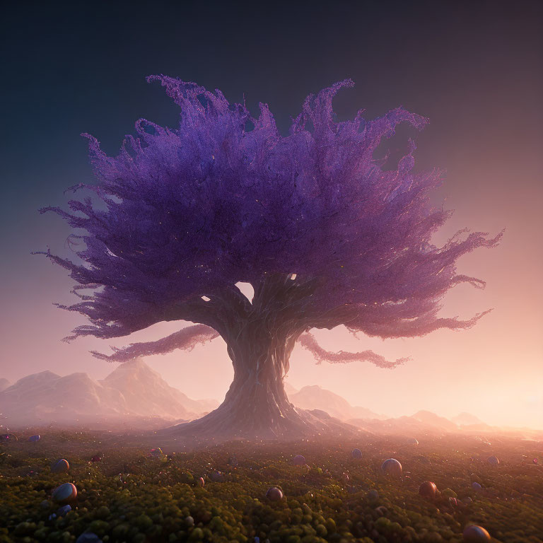 Majestic purple tree in dreamy landscape at dusk