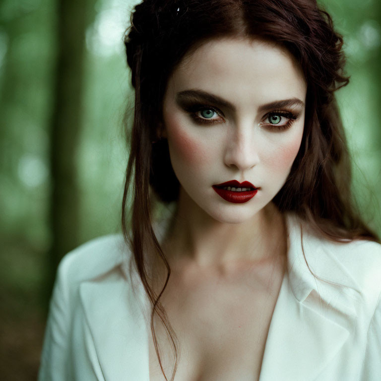 Woman with dramatic makeup in white blouse standing in forest with intense gaze.