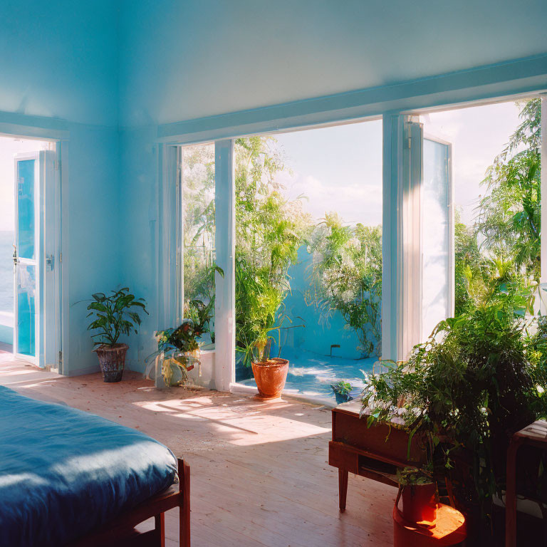 Bright room with blue walls, large windows, potted plants, sea view