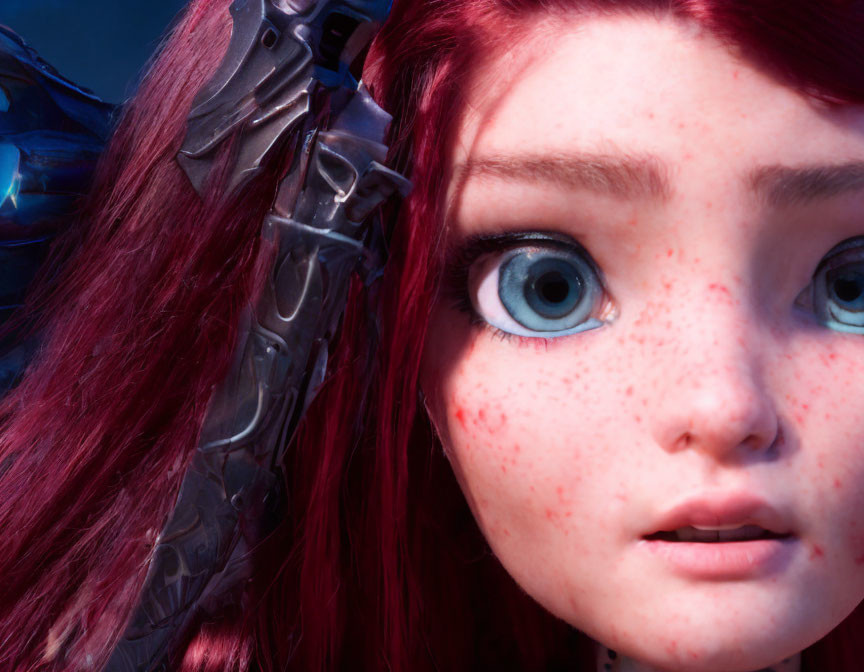 Detailed 3D-animated redheaded female character with freckles and armor.