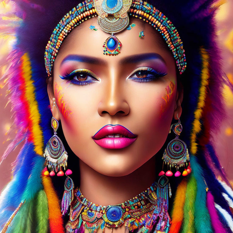 Woman with tribal makeup and colorful adornments displaying vibrant patterns and jewels