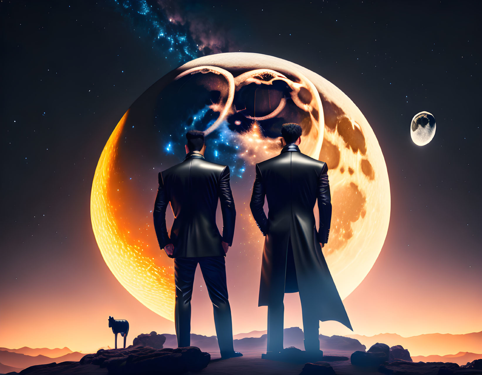 Silhouetted figures and dog view surreal cosmic event with divided planet and starry sky