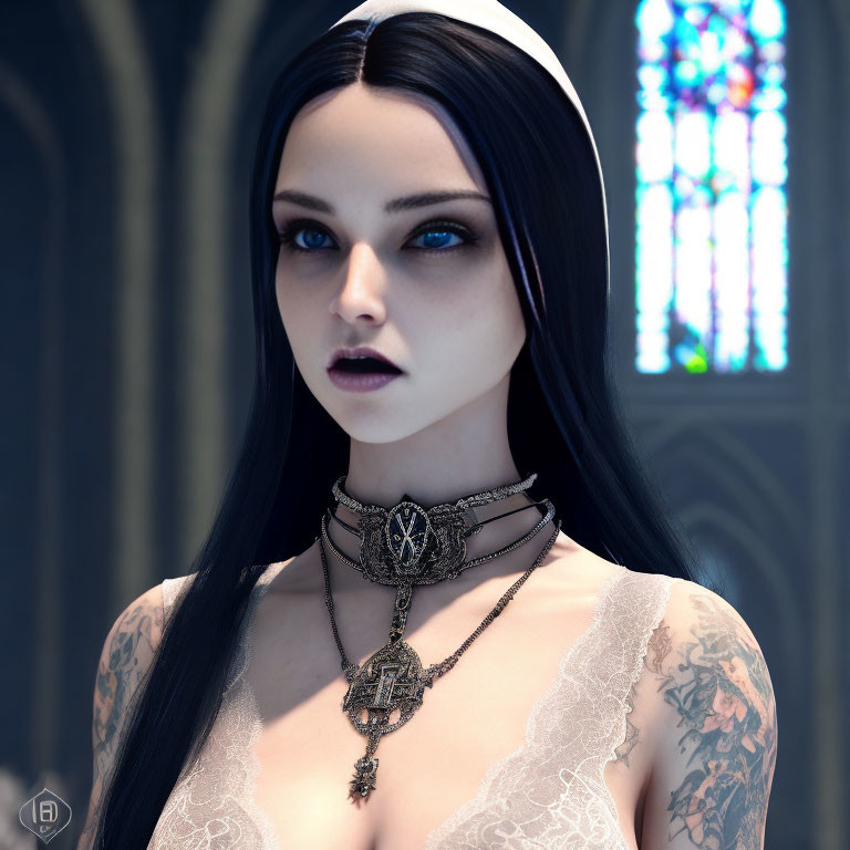 Digital artwork: Pale-skinned woman with gothic makeup, black hair, choker, lace attire