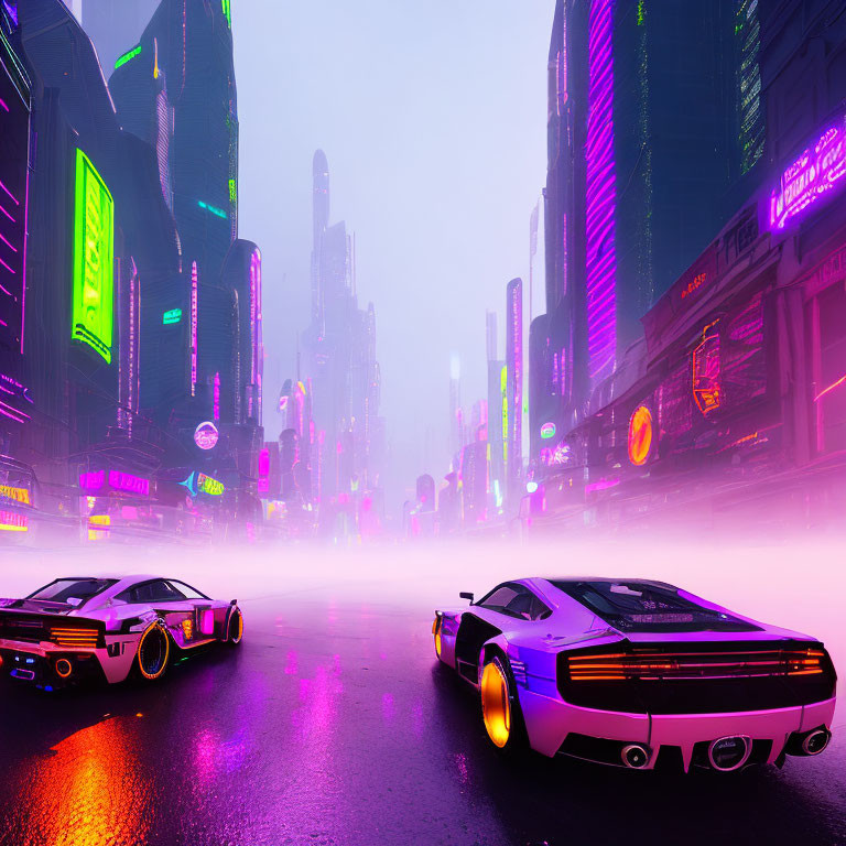 Neon-lit futuristic cityscape with sleek cars on wet street