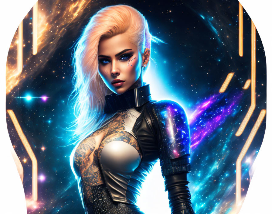 Platinum Blonde Female Warrior in Cyber Armor on Cosmic Background