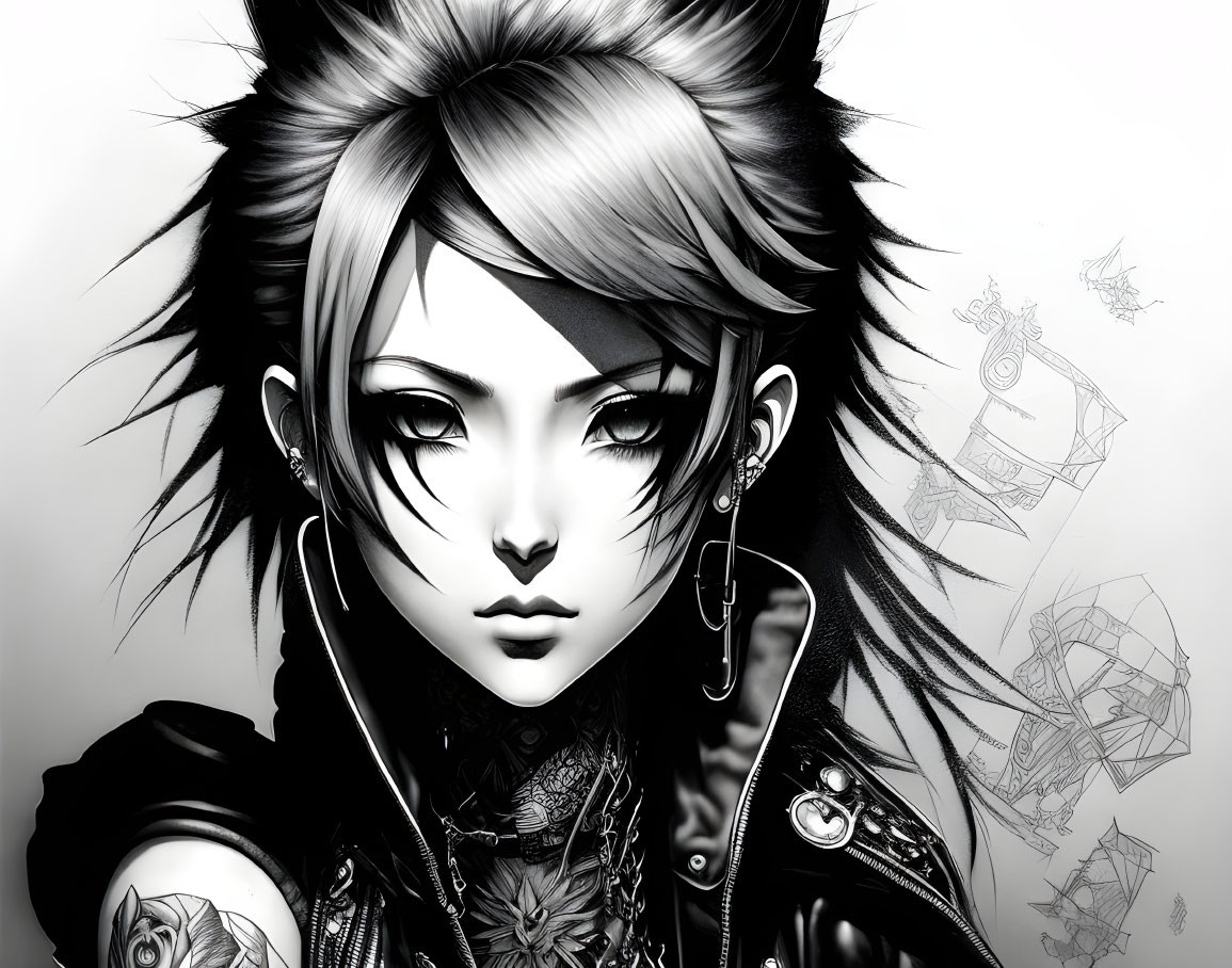 Monochrome illustration of stylized female figure with piercing eyes and edgy style