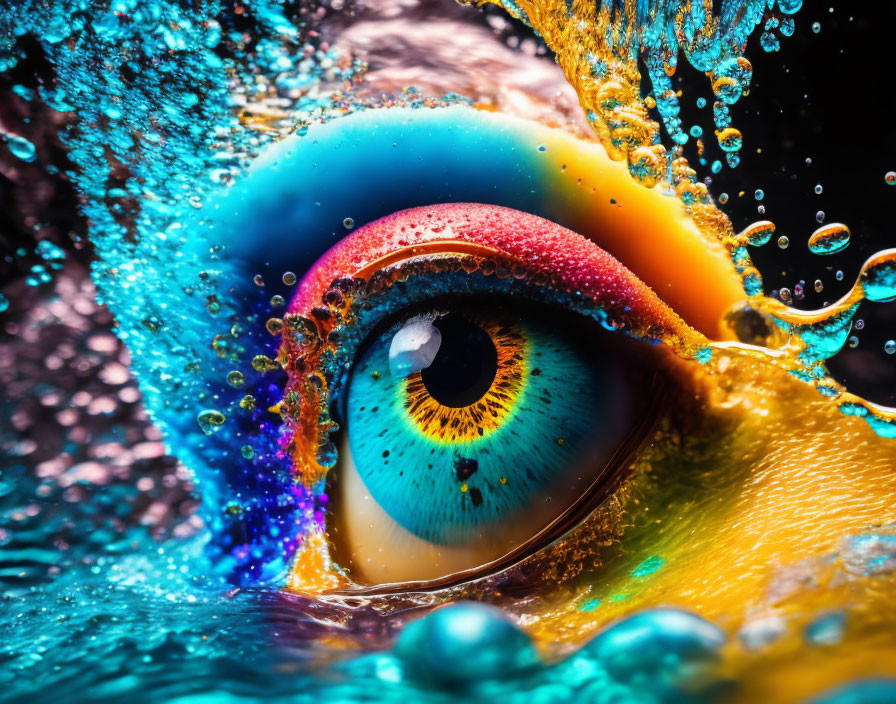 Colorful Human Eye Close-Up with Water Droplets and Blue-Orange Hues