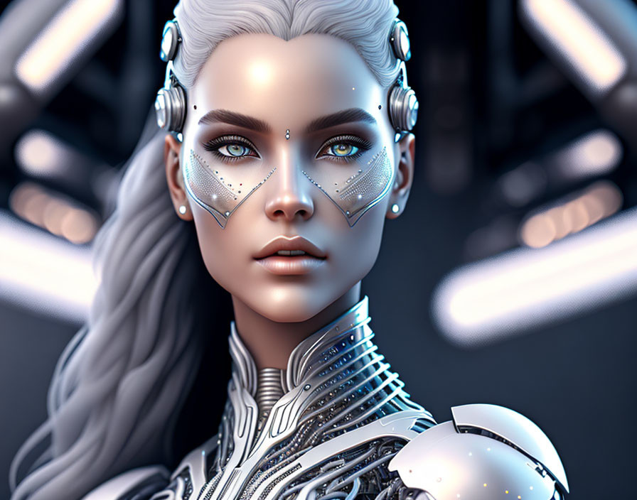 Detailed 3D Female Cyborg Illustration with Silver Face Patterns