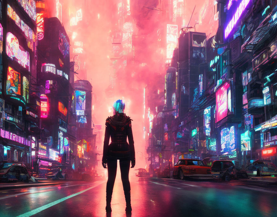 Person in Neon-Lit Futuristic City at Night