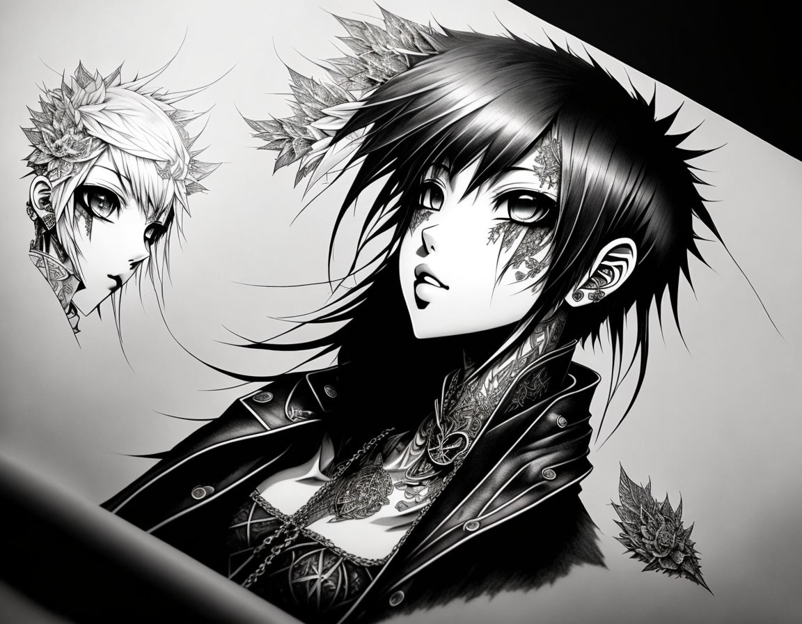 Monochrome illustration of stylized female figure with dramatic makeup and ornate tattoos, spiky hairstyle