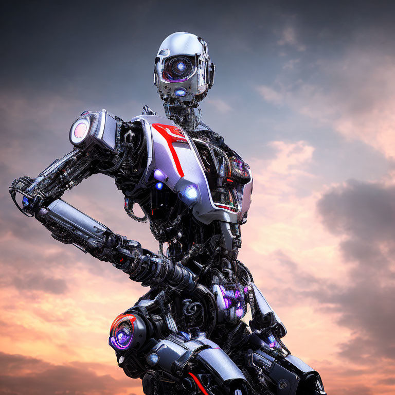 Detailed humanoid robot with purple and red lights in twilight sky