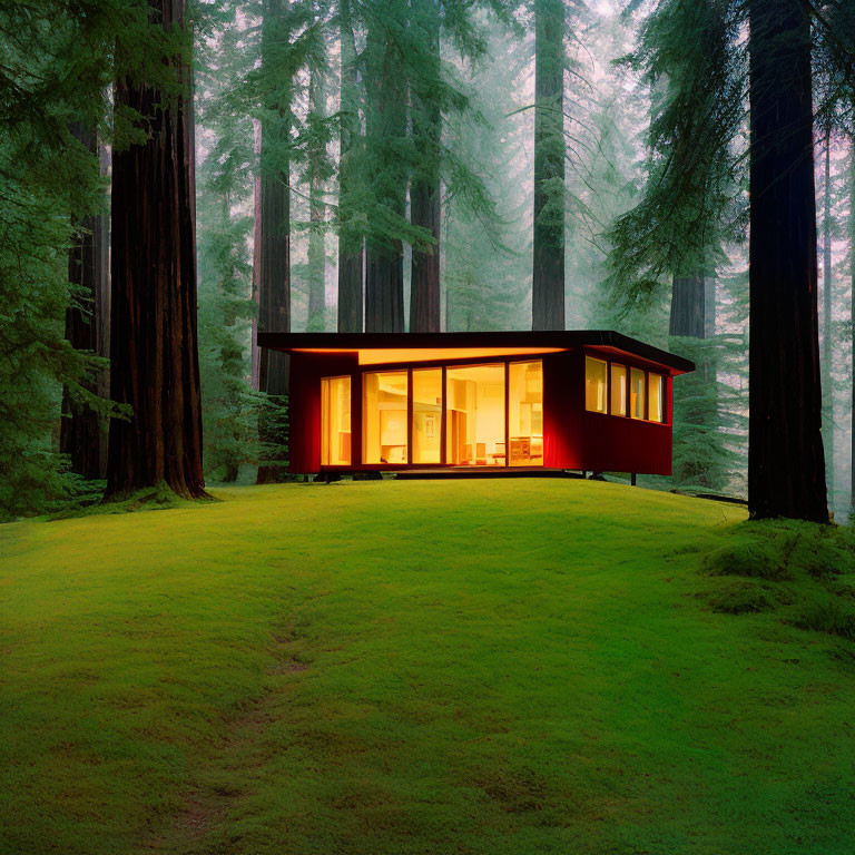 Contemporary Red and Black House in Misty Forest with Large Windows