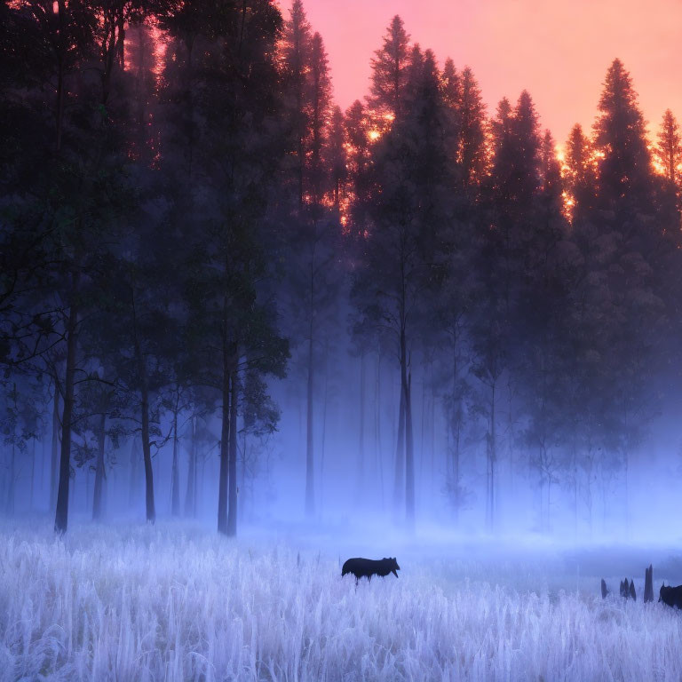 Twilight scene with frost-covered grass, silhouetted trees, and wild boar silhouette.