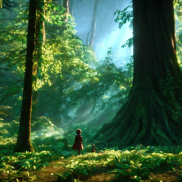 Person and small animal in lush green forest with towering trees and soft sunlight.