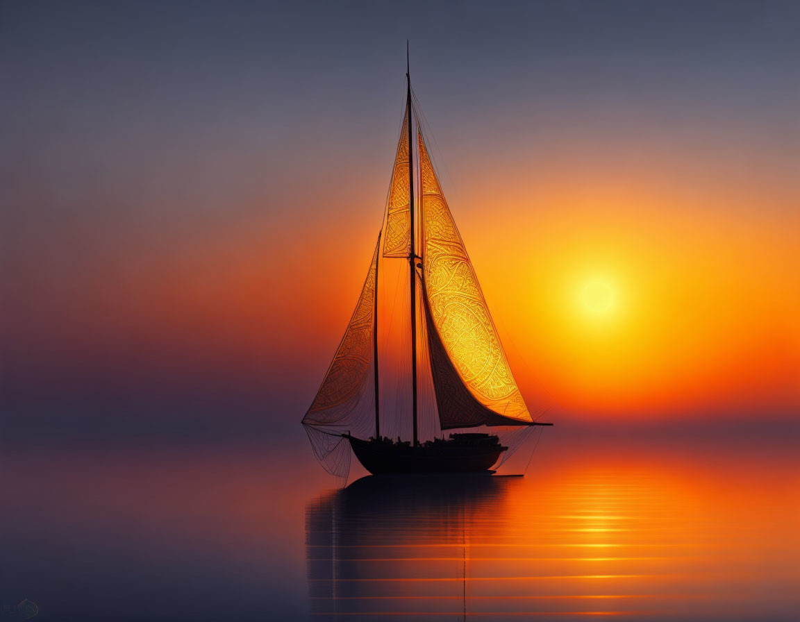 Translucent sailboat in vibrant orange sunset over calm waters