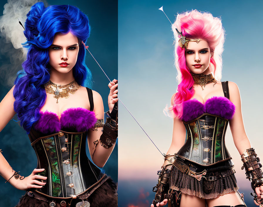 Fantasy-themed costumes and vividly colored hair on two women in confident poses