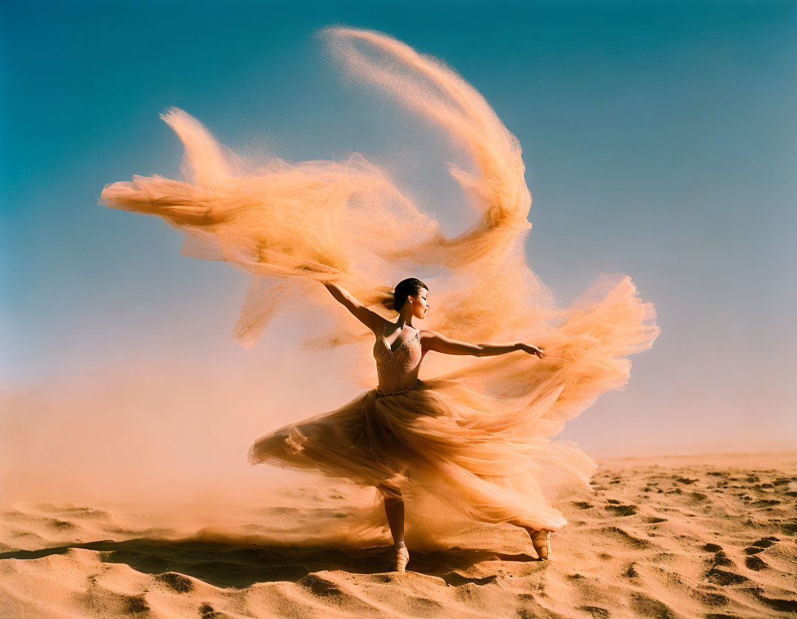 Flowing dress dancer spins on sandy terrain with dynamic fabric swirl.