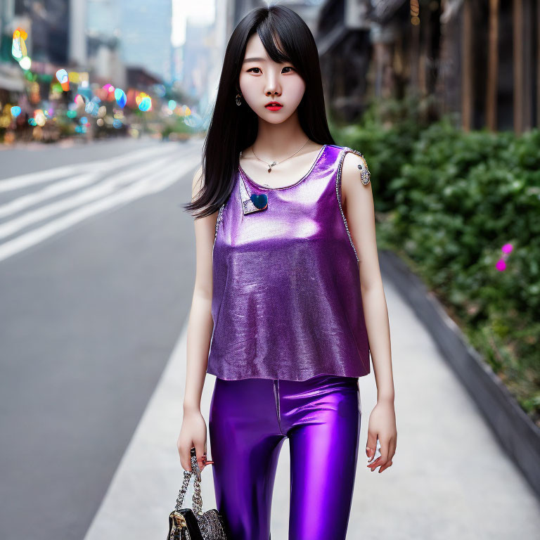 Woman in Metallic Purple Outfit with Black Purse on City Street