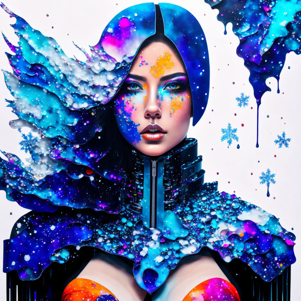 Colorful digital artwork of woman with cosmic makeup and blue wings on white background