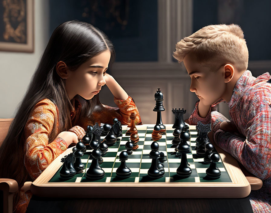 Children playing chess with girl contemplating move and boy watching closely