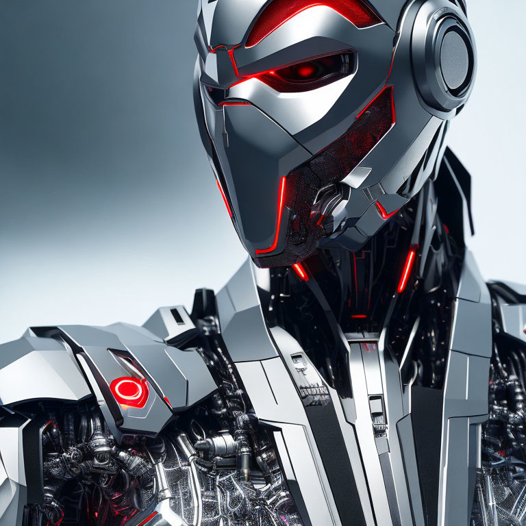 Detailed Robotic Figure in Metallic Suit with Red Lights