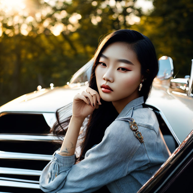 Bold Makeup Woman Poses in Front of Car with Sunlight and Trees