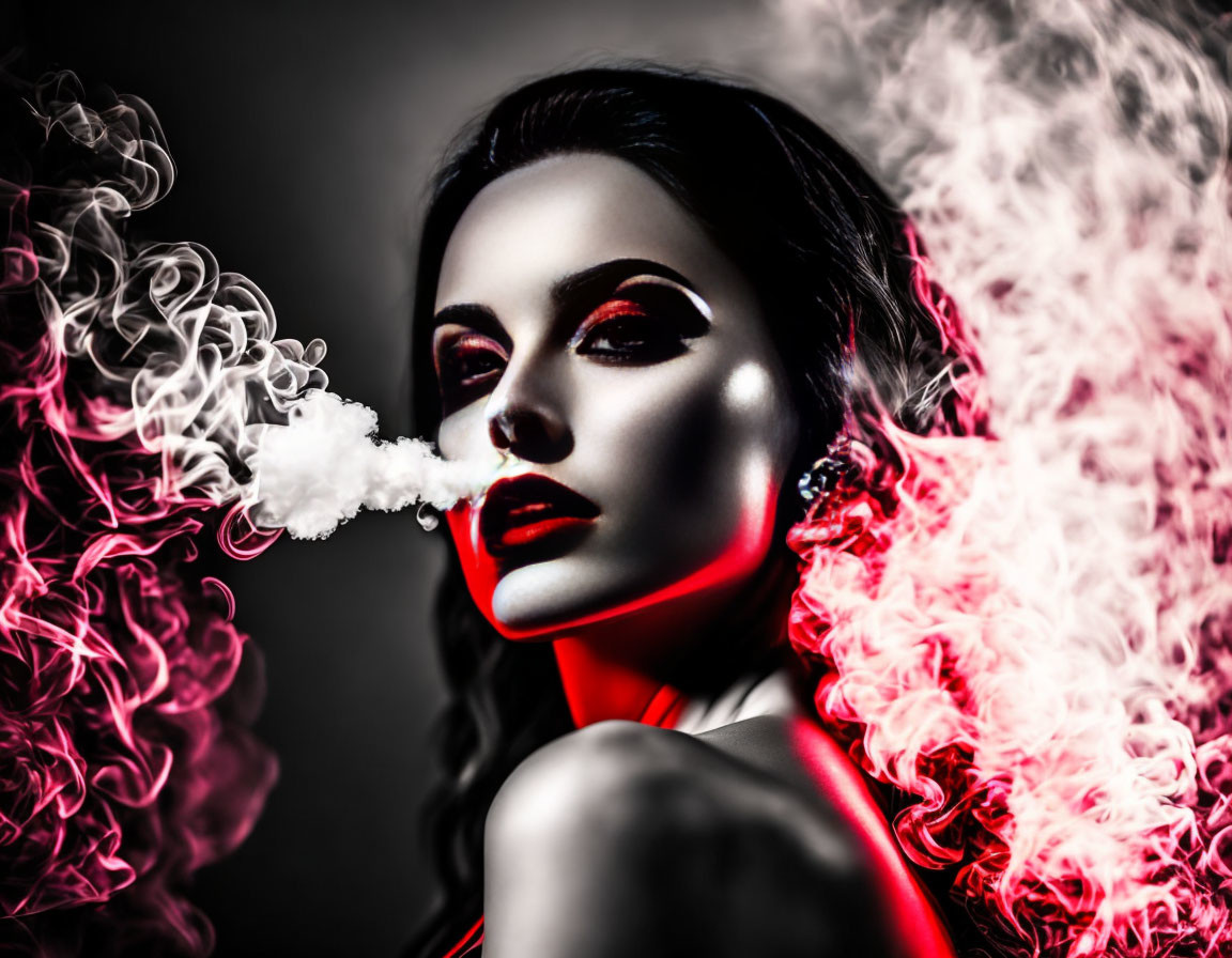 Glamorous woman exhales smoke against dark background with striking red lips.