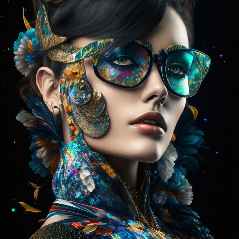 Vibrant woman with sunglasses and cosmic background in digital art