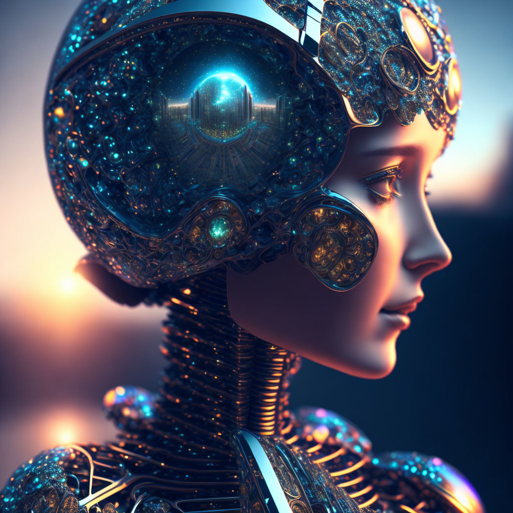 Female android with ornate headgear and futuristic cityscape reflection