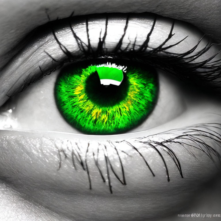 Detailed image of vibrant green human eye in grayscale setting