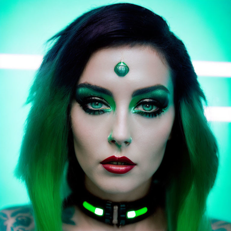 Portrait of Woman with Green Hair and Dramatic Makeup