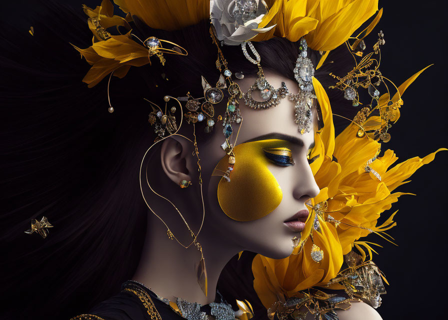 Woman with artistic makeup and yellow flowers against dark background