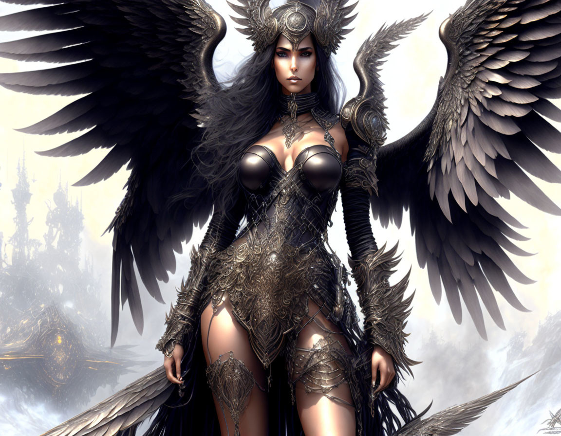 Detailed Artwork: Woman with Dark Angelic Wings in Ornate Metallic Armor