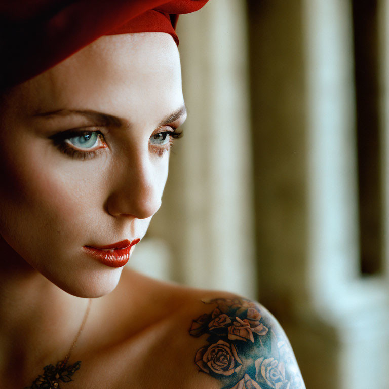 Woman with red headscarf, blue eyes, and rose tattoo gazes sideways.