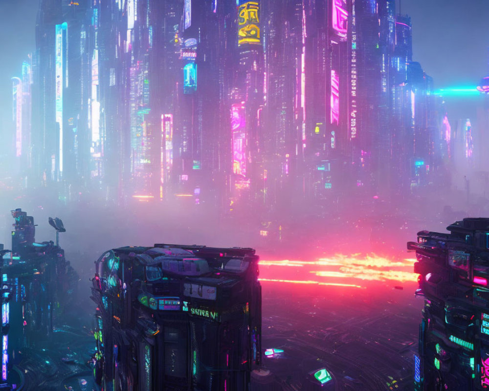 Futuristic Night Cityscape with Neon Lights and Skyscrapers