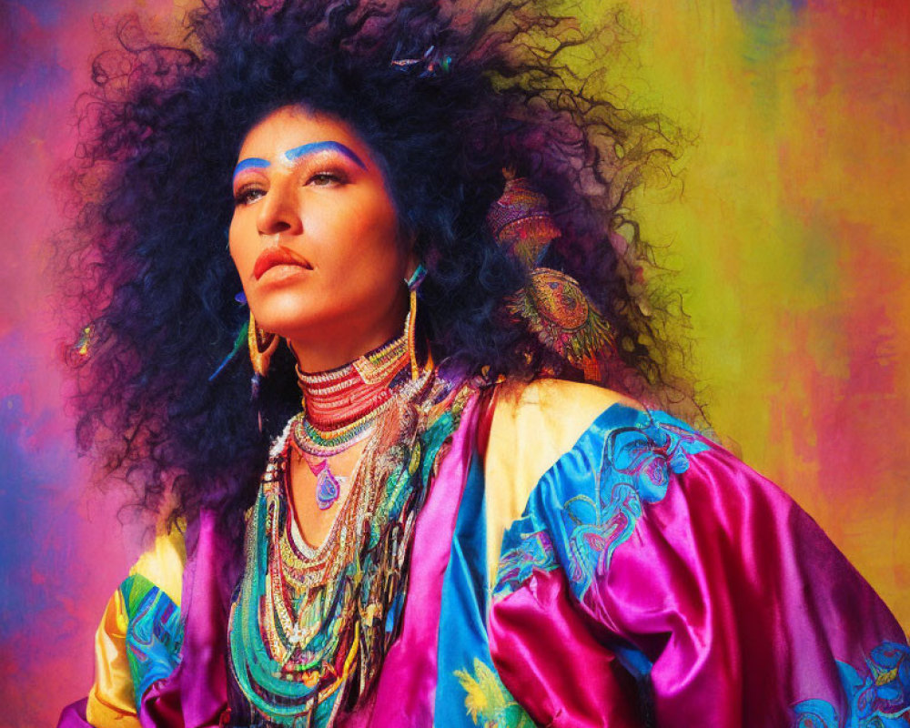 Colorful makeup woman with voluminous curly hair in vibrant attire against rainbow backdrop