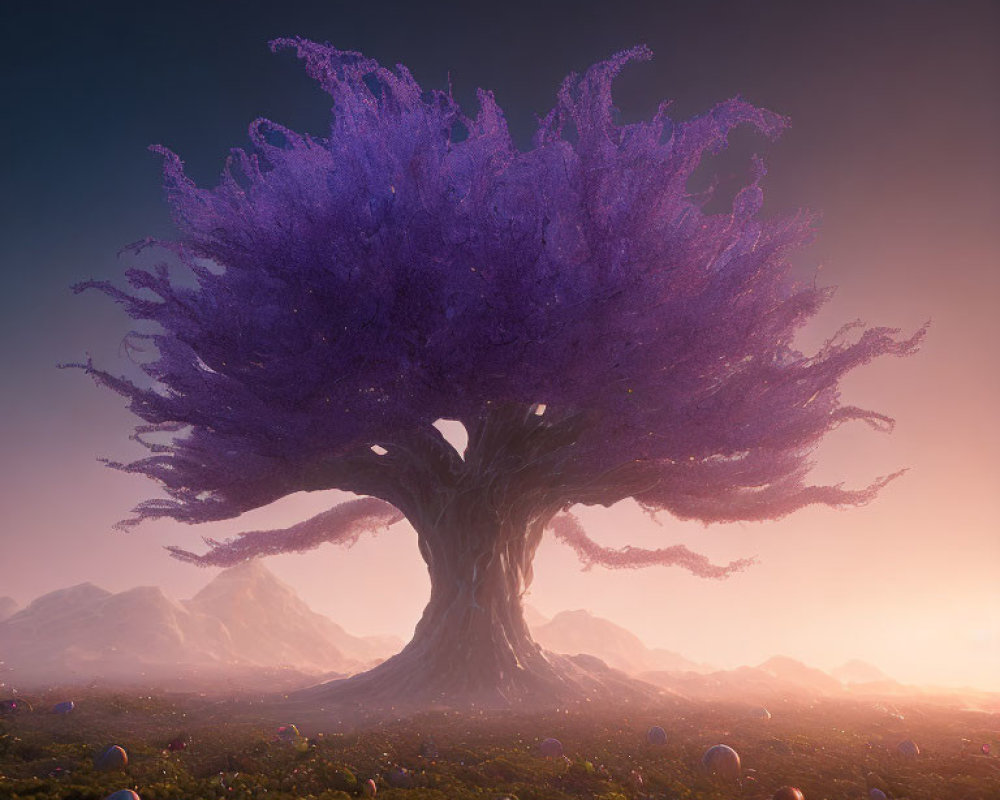 Majestic purple tree in dreamy landscape at dusk