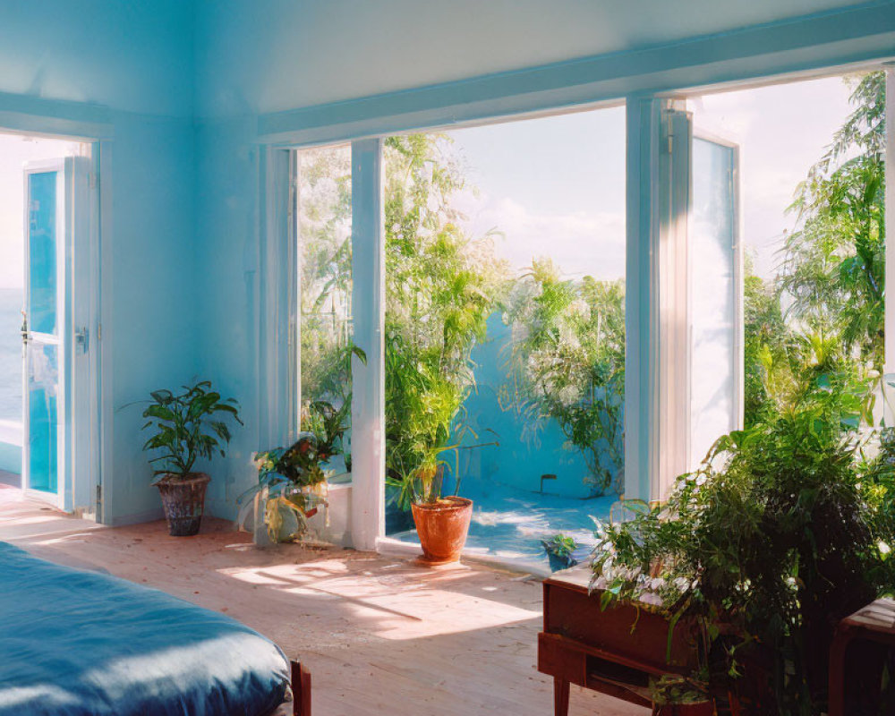 Bright room with blue walls, large windows, potted plants, sea view